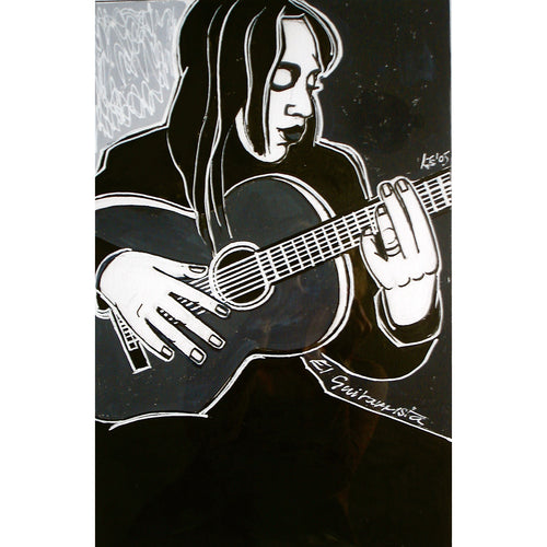 El Guitarista Indian ink tippex pen by Linda Samson