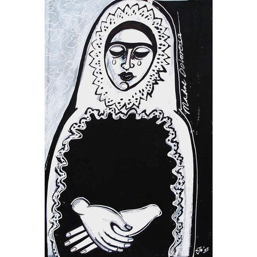 Madre Dolorosa Indian ink and tippex pen by Linda Samson