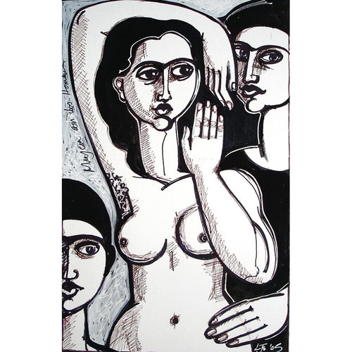 Mujer con dos Hombres Indian ink and tippex pen by Linda Samson