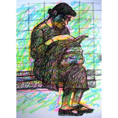 Woman waiting in the metro Pen and felt tip by Linda Samson